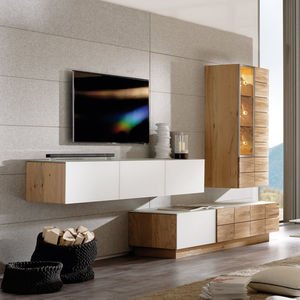 contemporary TV wall unit / wooden / glass