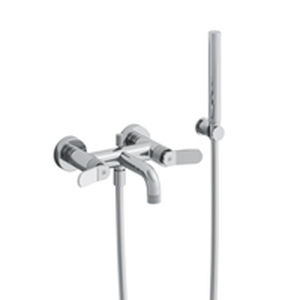 double-handle washbasin mixer tap / wall-mounted / chromed metal / bathroom