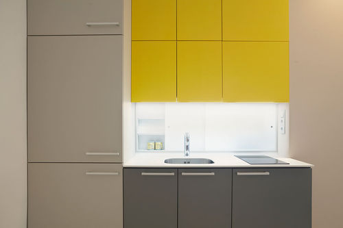 Contemporary kitchen - YELLOW AND GREY - LE BON spol.s.r.o. - laminate / hidden / with handle
