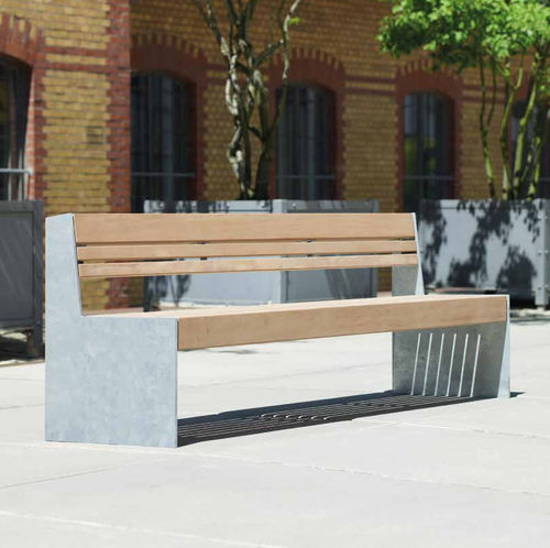 Contemporary public bench - Versio Genus - Gem. Westeifel Werke GmbH - galvanised steel / hardwood / with backrest