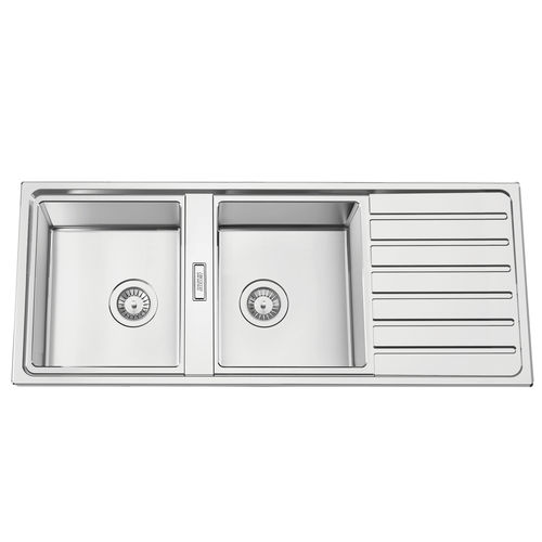 Double kitchen sink - FUSION 120 - RODI HOME – kitchen sinks and accessories - with drainboard / polished stainless steel / overmount
