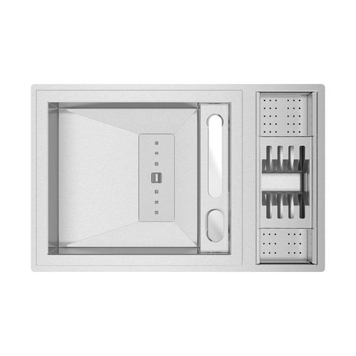 Single-bowl kitchen sink - INVICTUS - RODI HOME – kitchen sinks and accessories - with drainboard / brushed stainless steel / overmount
