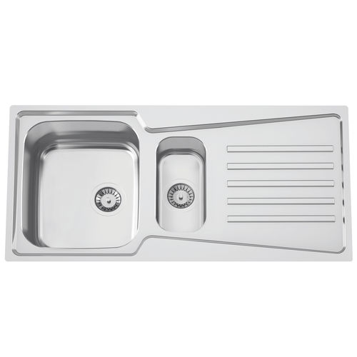 Double kitchen sink - EVOLUTION 100 - RODI HOME – kitchen sinks and accessories - with drainboard / polished stainless steel / overmount