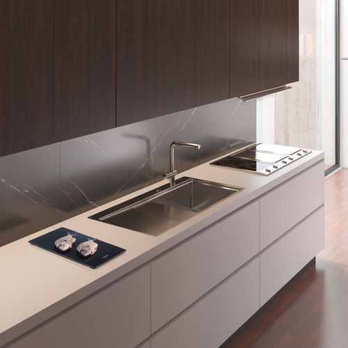 Single-bowl kitchen sink - XERON 105 - RODI HOME – kitchen sinks and accessories - with drainboard / brushed stainless steel / overmount