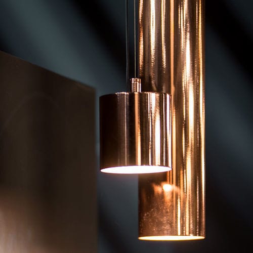 Pendant lamp - ORIGO TUBE - Manooi - copper / brushed metal / crystal