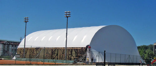 Metal frame tensile structure - ArTech - wooden frame / with PVC membrane / for stadium