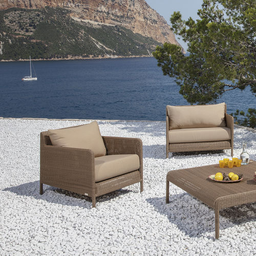 Contemporary armchair - SHANGHAI - Tectona - Sunbrella® / resin wicker / beige