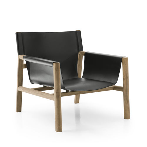Contemporary armchair - Pablo - B&B Italia - leather / solid wood / brown