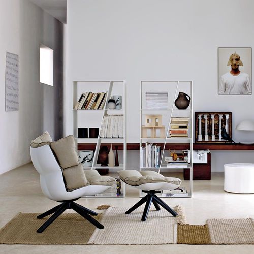 Contemporary fireside chair - Husk - B&B Italia - fabric / leather / steel