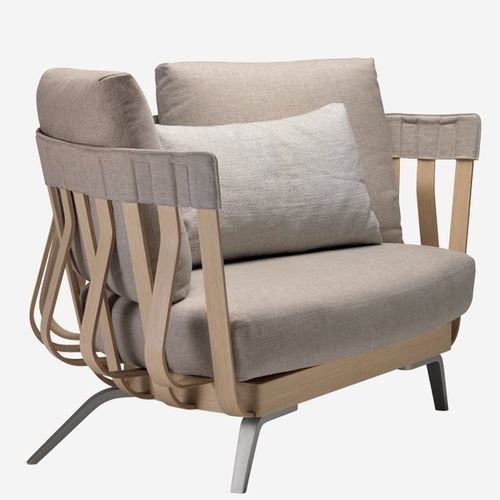 Contemporary armchair - E LA NAVE VA / 02A - ALIAS - fabric / leather / oak
