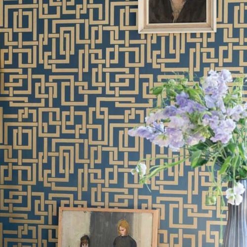Contemporary wallpaper - ENIGMA series - Farrow & Ball - geometric pattern / metallic look / yellow