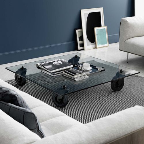Contemporary coffee table - TAVOLO CON RUOTE MEDIUM - FontanaArte - glass / metal base / rectangular