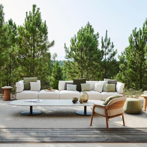 Design coffee table - T-TABLE  - Tribù - lava / stainless steel base / oval