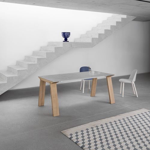 Contemporary dining table - Artù - miniforms - wood veneer / lacquered glass / ceramic