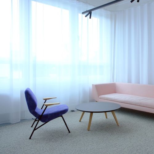 Contemporary armchair - OBLIQUE - prostoria - fabric / oak / metal