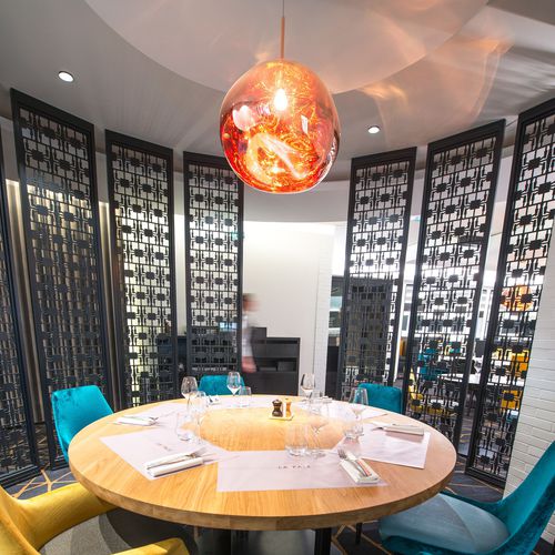 Partition wall decorative panel - RESTAURANT LA PAIX REIMS - Bruag Design Factory AG - wall-mounted / HPL / perforated