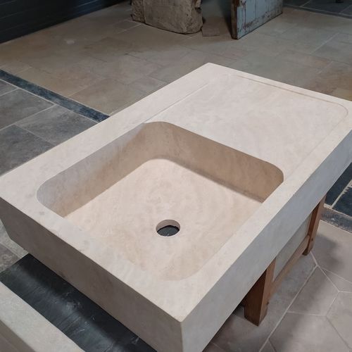 Single-bowl kitchen sink - 202072 - bca materiaux anciens - with drainboard / travertine / overmount