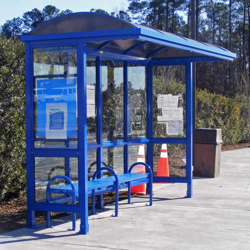 Glass bus shelter - SLIMLINE BARREL - Brasco International Inc. - anodized aluminum / polycarbonate / acrylic