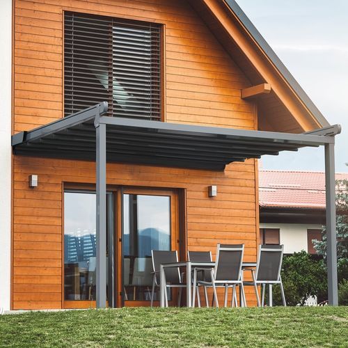 Wall-mounted pergola - 690 - Kadeco Sonnenschutzsysteme GmbH - stainless steel / fabric / fabric canopy