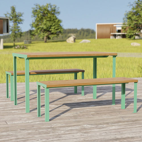 Contemporary dining table - cité Bois - Objets Publics - solid wood / Douglas fir / powder-coated steel base