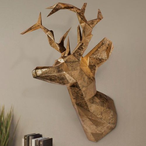 Hand-carved wood sculpture - ANTLER HEAD MOUNT - Malabar - copper / wall / golden
