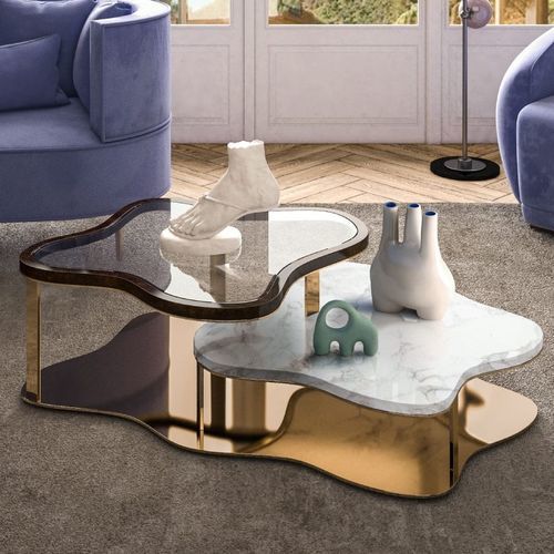 Contemporary coffee table - MARINA - Malabar - glass / walnut / polished brass base