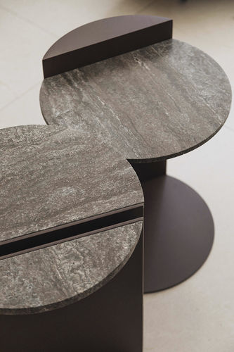 Contemporary side table - HALF BLACK TRAVERTINE - MAAMI HOME - thermo-lacquered steel / travertine / lacquered metal steel base