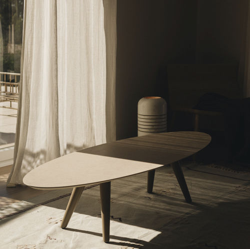 Contemporary coffee table - ELLIPSE - MAAMI HOME - matte lacquered wood / marble / lacquered wood base