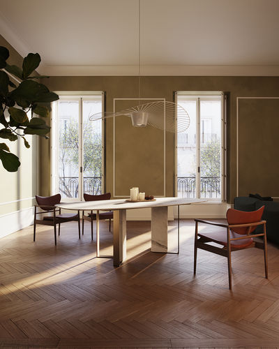 Contemporary dining table - NIBBLES CALACATTA - MAAMI HOME - marble / lacquered metal base / marble base