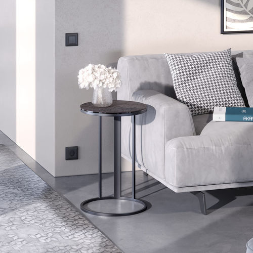 Contemporary side table - CELENO - AKANTE - ceramic / lacquered metal steel base / round
