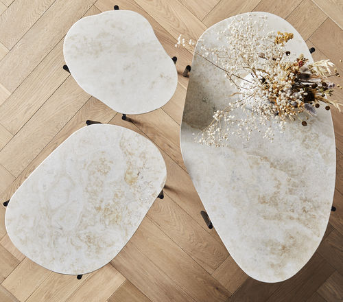Contemporary coffee table - LA TERRA - WOUD - travertine / painted metal base / home