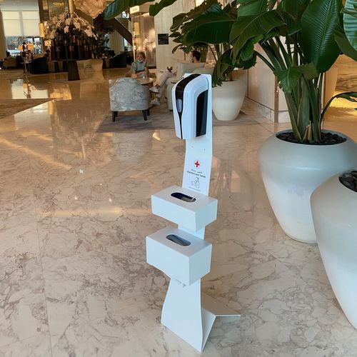 Customizable hand sanitizer dispenser - STAND  UP - THE ITALIAN LAB SRL - floor-mounted / with glove dispenser / with trash can