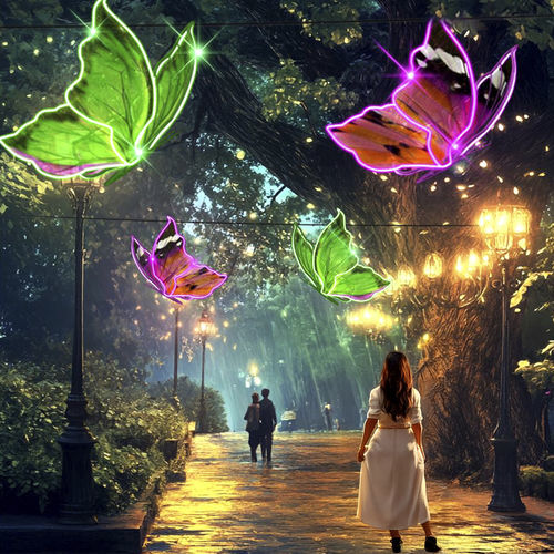 Outdoor sculpture - BUTTERFLY 3D AVENUE - Terra Group - garden / LED-illuminated / hanging