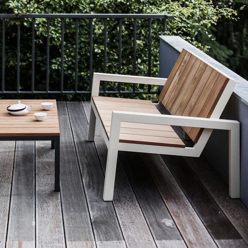 Contemporary garden bench - LAUREDE LU240 - egoé - wooden / steel / with backrest