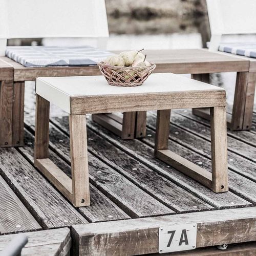 Contemporary stool - Barka BA113 - egoé - Batyline® / teak base / sled base