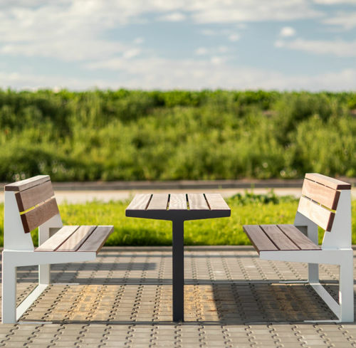 Contemporary picnic table - U4-642 - egoé - solid wood / oiled wood / powder-coated steel base