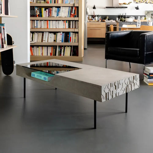 Contemporary coffee table - CURB - Lyon Béton - tempered glass / fiber-reinforced concrete / painted steel base