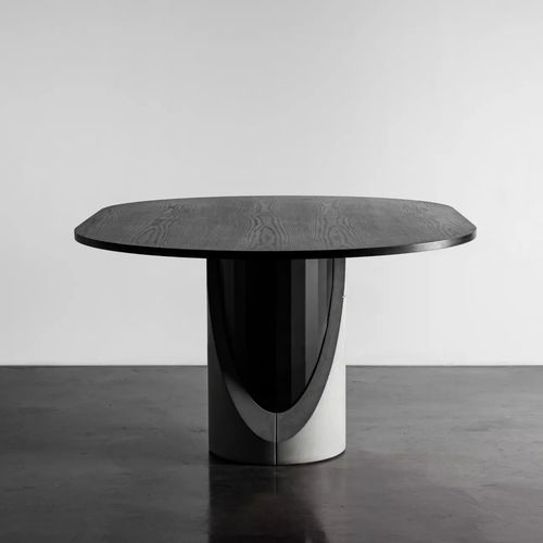 Contemporary dining table - SHARP - Lyon Béton - wood veneer / painted steel base / fiber-reinforced concrete base