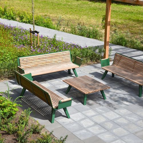 Contemporary table and bench set - RETRO - CROSO FRANCE - exotic wood / galvanised steel / urban