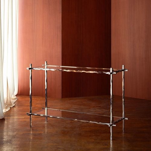 Contemporary table - FLUIDE - MYDRIAZ - brass / glass / metal base