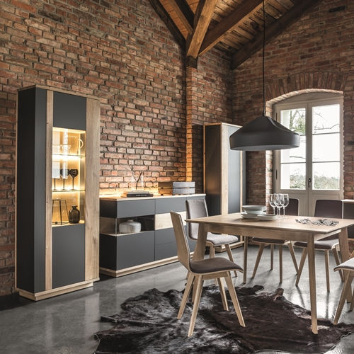 Contemporary display cabinet - Senales - Fameg - free-standing / oak / with built-in lighting