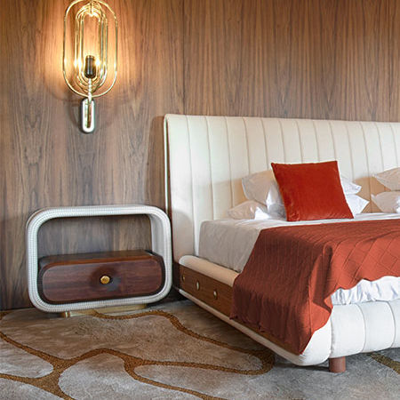 Contemporary bedside table - MINELLI - Essential Home - walnut / fabric / polished brass base
