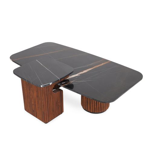 Modern table - DWIJ - ALANKARAM - teak / marble / teak base