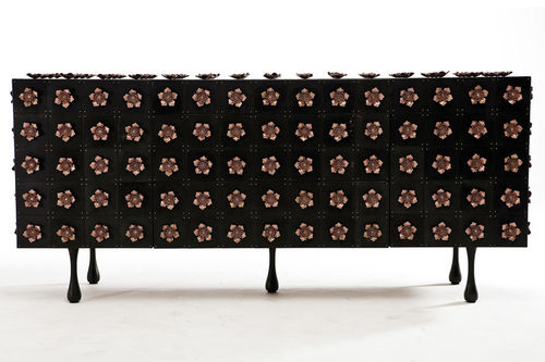 Original design sideboard - SIGNATURE : ROSETTE  - EGG DESIGNS - walnut / wood veneer / copper