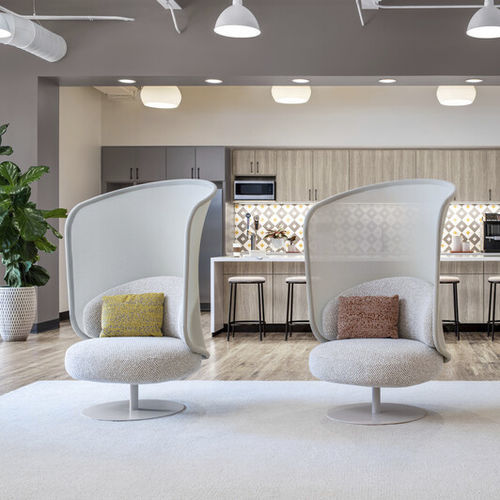 Contemporary armchair - Libelle - STUDIO TK - fabric / metal / tablet