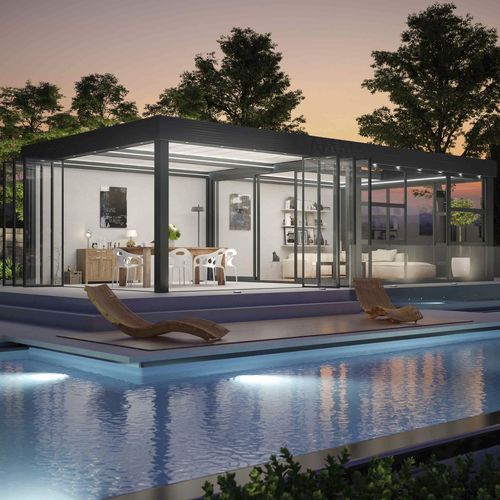Wall-mounted pergola - ESPACIUM - ESPACE LOUNGE - self-supporting / aluminium / motorized