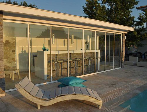 Folding partition - F5 - Salinox - with glass panel / aluminum / commercial