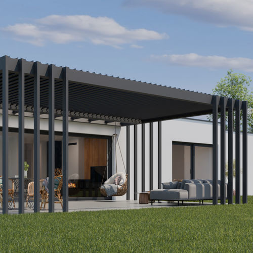 Wall-mounted pergola - Soltec - self-supporting / aluminium / glass canopy