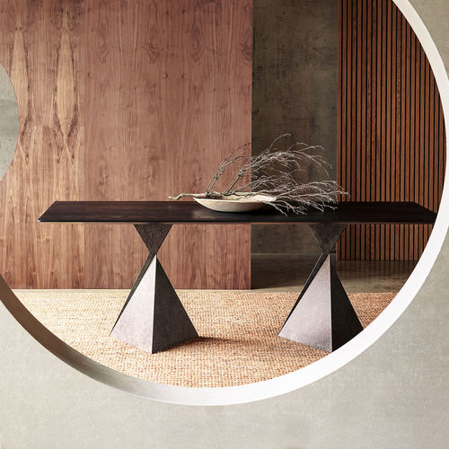 Contemporary dining table - Avalon - TOM FAULKNER - glass / steel base / bronze base