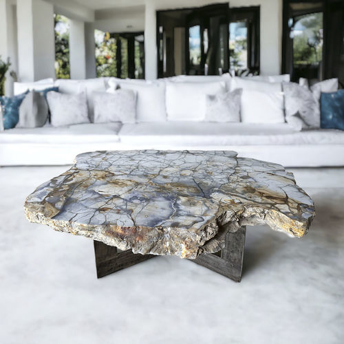 Contemporary coffee table - MONACO - ARRELART - petrified wood / metal base / handmade